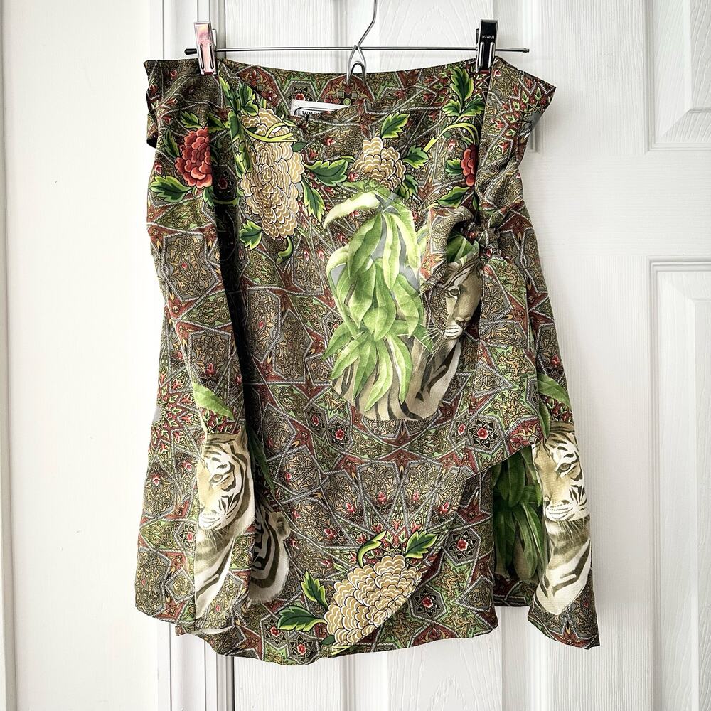 Wayne Rogers Vintage Silk Green Graphic Leopard Floral True Wrap Short Skirt 10